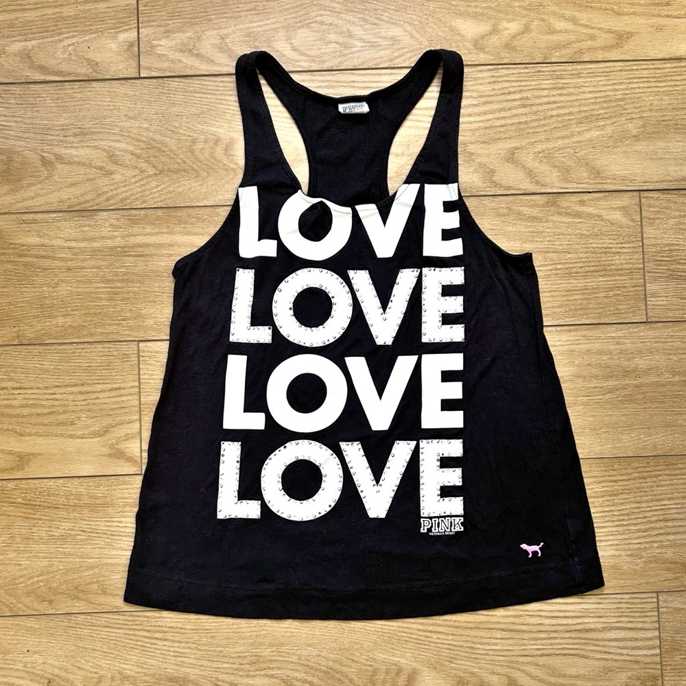 Victoria’s Secret PINK Racerback Logo Tank Top with Sequins Black & White XS Y2K